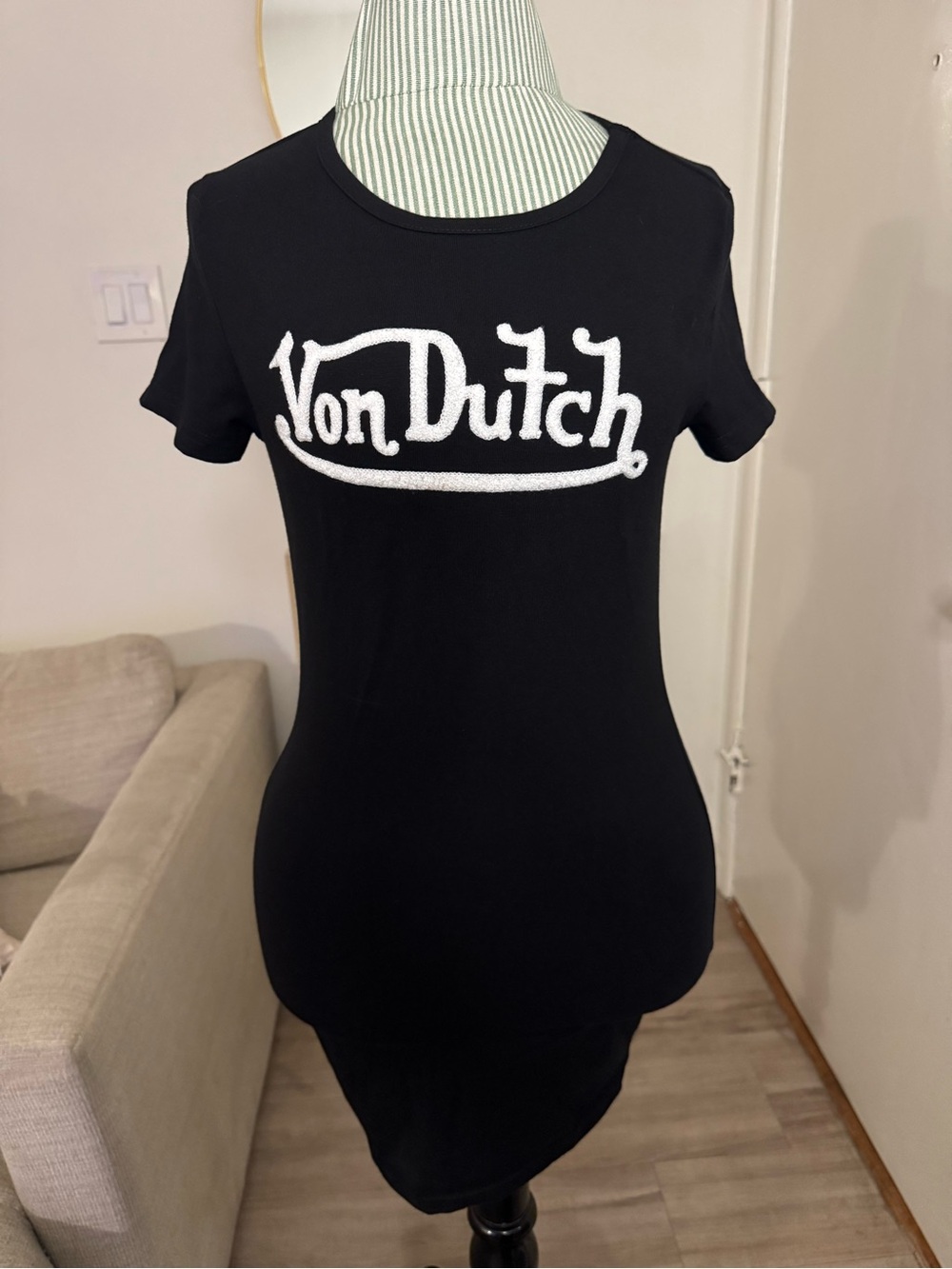 Von Dutch Black Logo Fitted T-Shirt Mini Dress XS Y2K